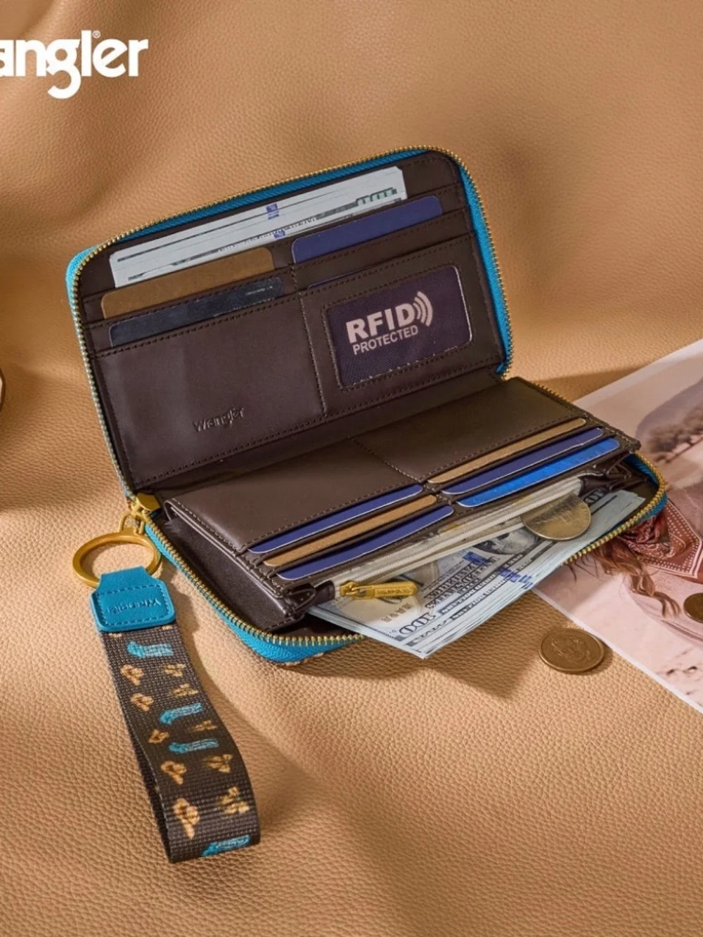 Wrangler Western Print RFID Blocking Zippered Wallet Coffee